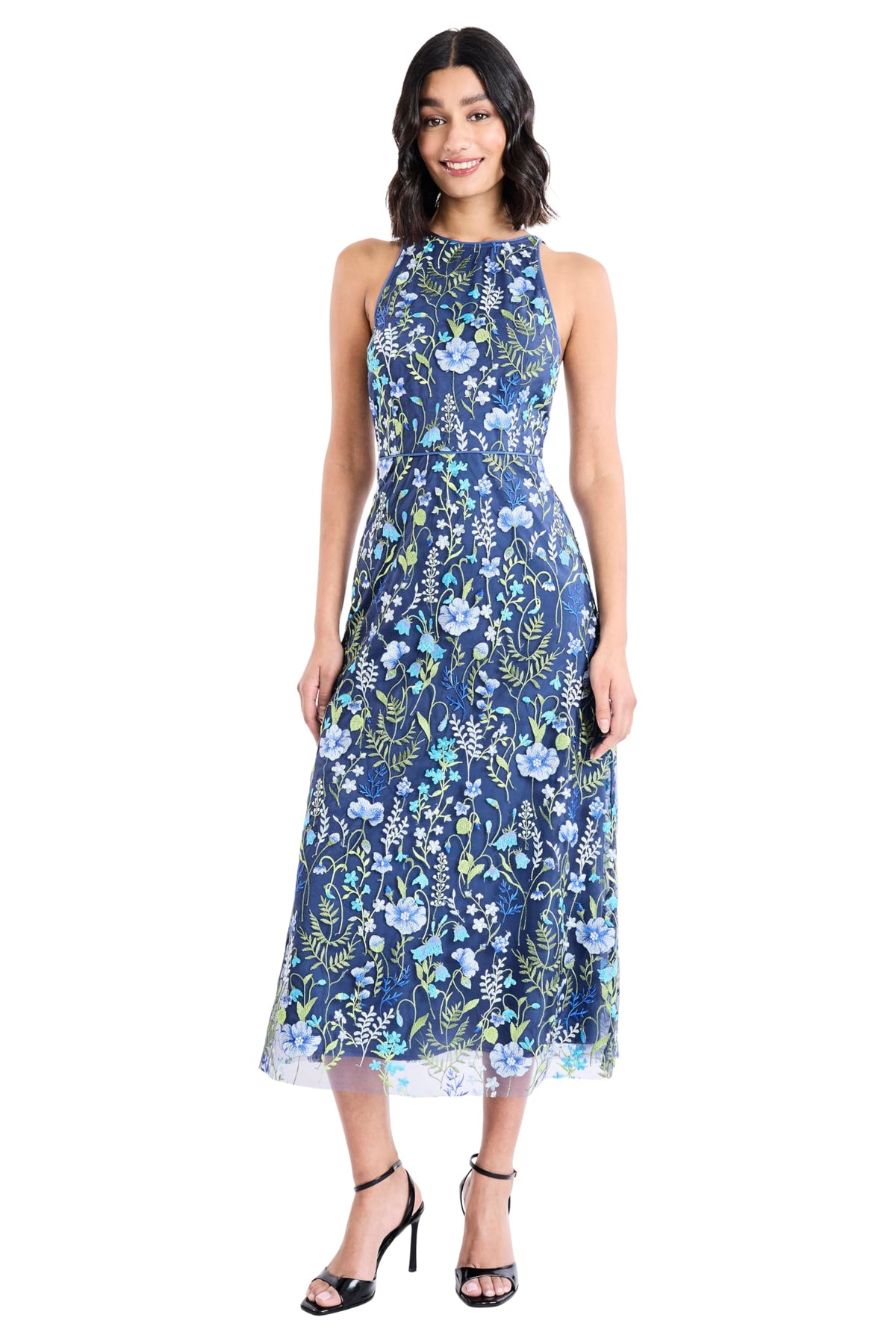 Womens Floral Embroidered Halter Neck Midi Dress