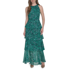 Womens Sleeveless Halter Neck Tiered Maxi Dress