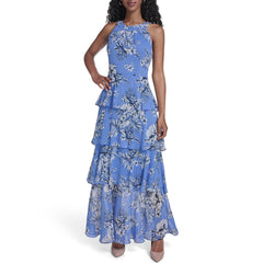 Womens Sleeveless Halter Neck Tiered Maxi Dress
