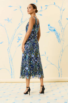 Womens Floral Embroidered Halter Neck Midi Dress