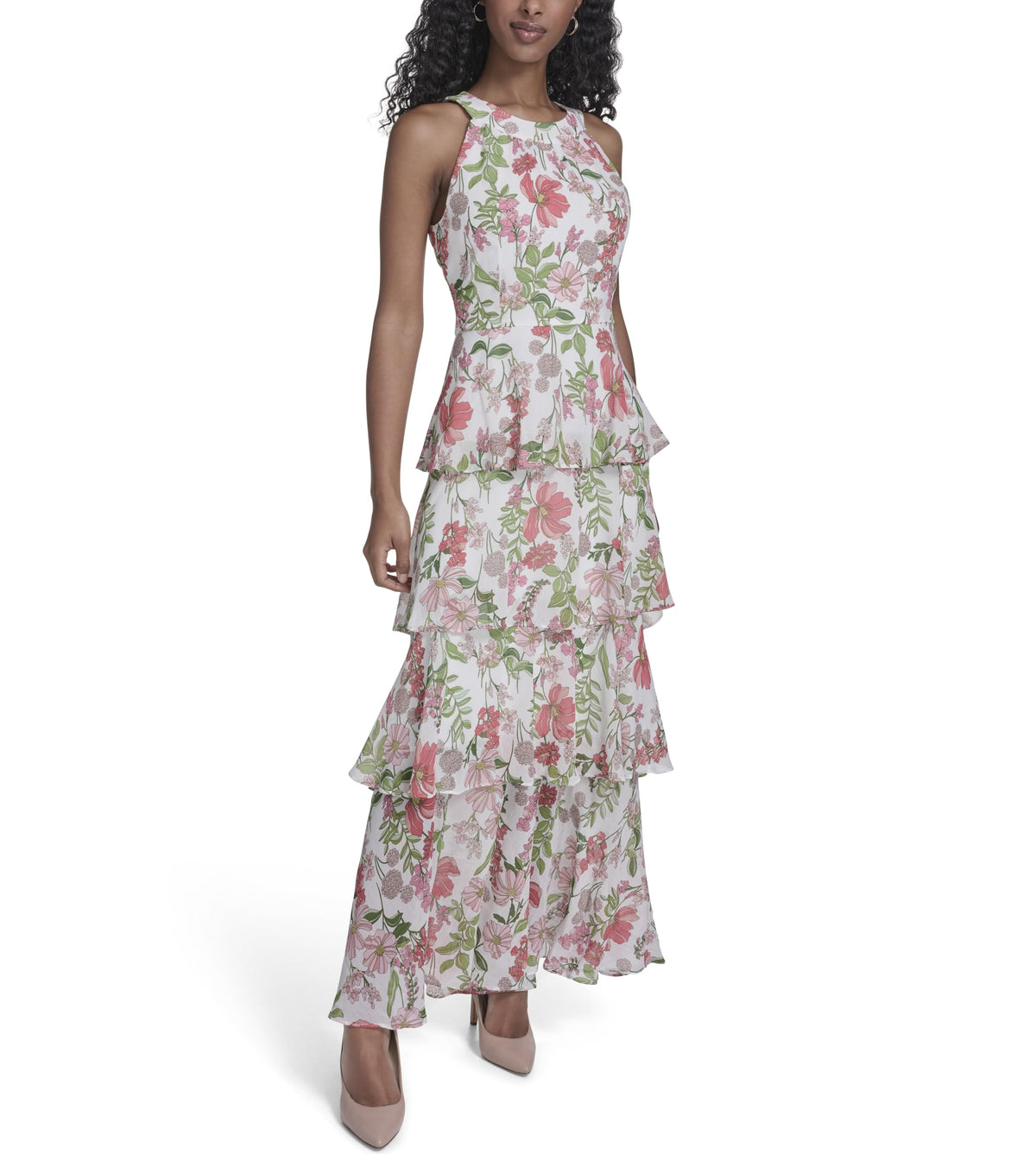 Womens Sleeveless Halter Neck Tiered Maxi Dress