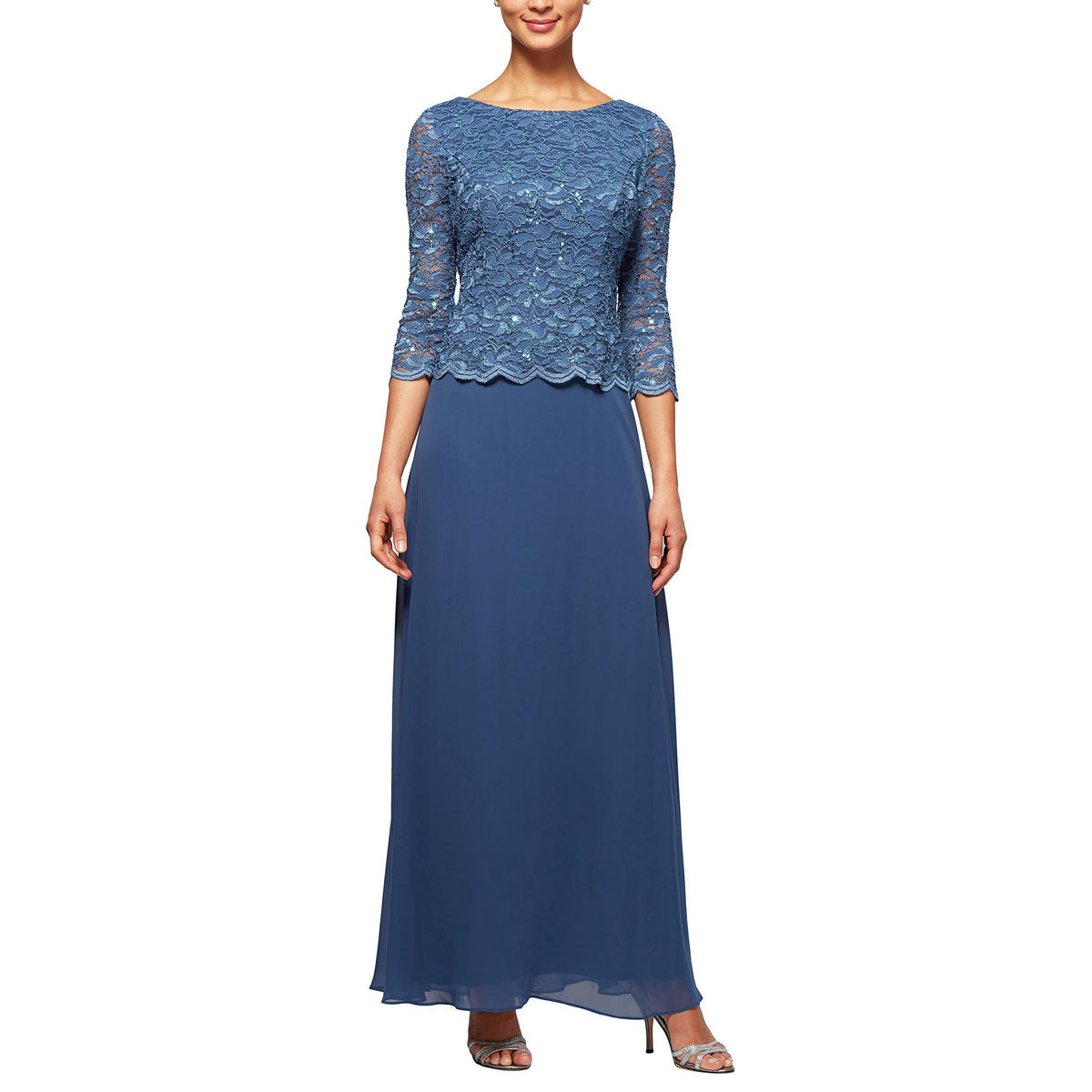 Womens Three Quarter Sleeve Stretch Lace Bodice Gown