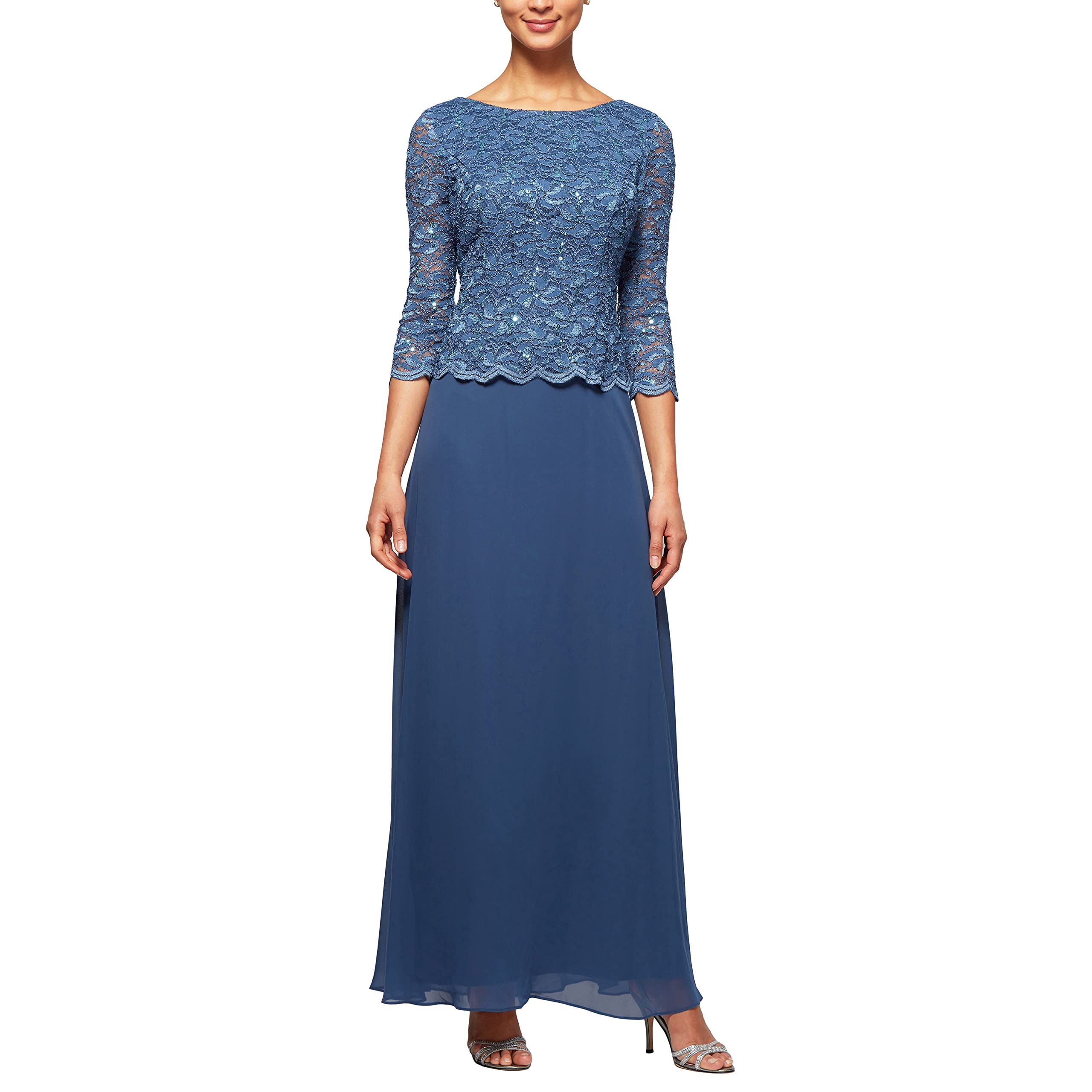 Womens Three Quarter Sleeve Stretch Lace Bodice Gown