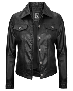 Vintage Lambskin Leather Trucker Jacket Button Closure