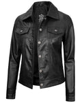 Vintage Lambskin Leather Trucker Jacket Button Closure