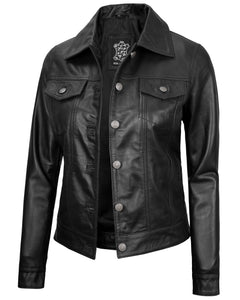 Vintage Lambskin Leather Trucker Jacket Button Closure